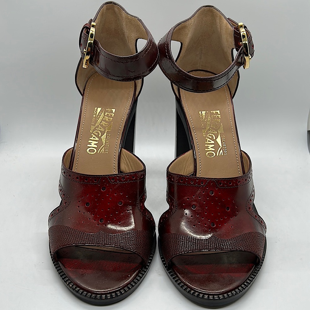 Salvatore Ferragamo Cherry Leather Nuala Block Heel Sandals Shoes **Sz 10**🔥🔥 - Picture 2 of 11